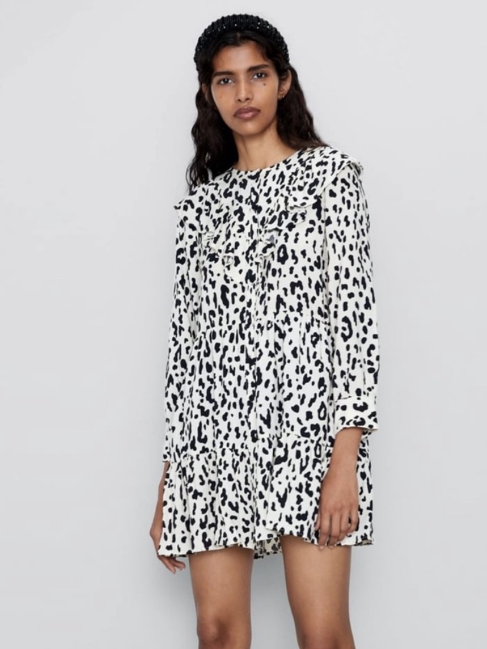 Zara Animal Print Ruffle Collar Long Sleeve Mini Dress